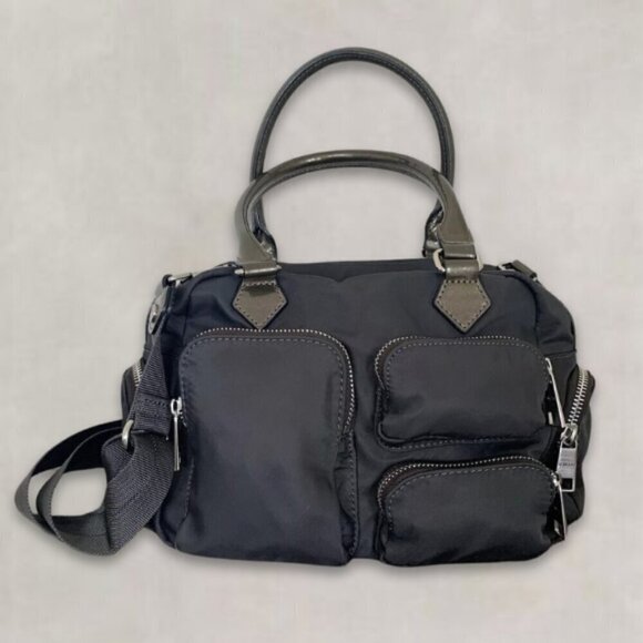 MZ Wallace Kara Satchel Bag Nylon Patent Leather Trim Dual Handle 6 Pockets Gray - Picture 1 of 16
